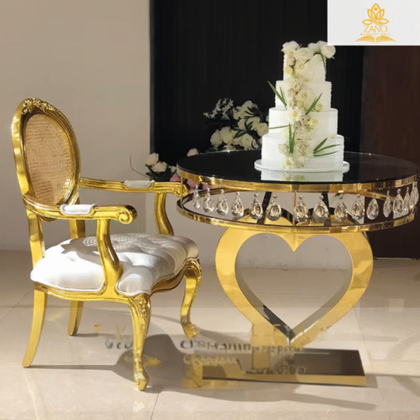 Gold Round Cake table with clear mirror glass top and crystals - Image 2