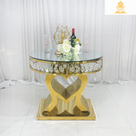 Gold Round Cake table with clear mirror glass top and crystals