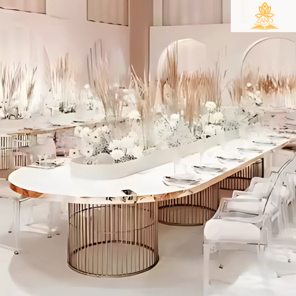 Luxury Oval Banquet Table with Polished Gold Edges and Gold Drum Cage Bases - Image 2