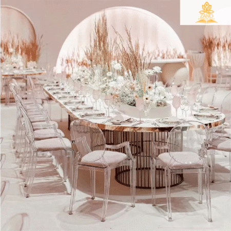 Luxury Oval Banquet Table with Polished Gold Edges and Gold Drum Cage Bases
