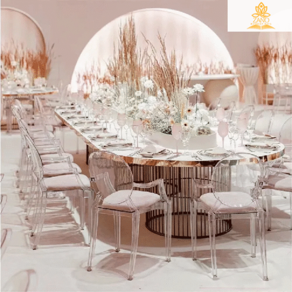 Luxury Oval Banquet Table with Polished Gold Edges and Gold Drum Cage Bases
