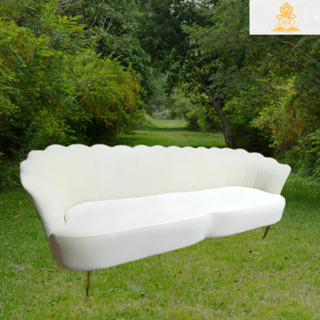 Off White Velvet Scallop-Back Loveseat Sofa – with Gold Legs