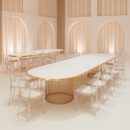 Luxury Oval Banquet Table with Polished Gold Edges and Gold Drum Cage Bases